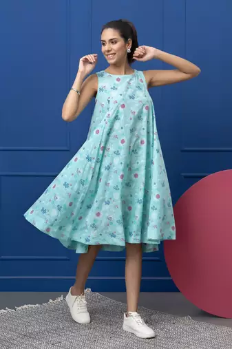 Smer women's cotton printed blue round neck sleeveless flare midi dress