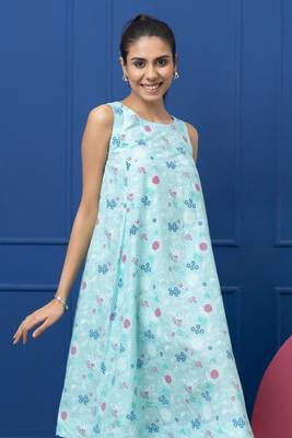 Smer women's cotton printed blue round neck sleeveless flare midi dress 3
