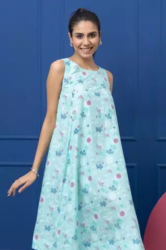 Smer women's cotton printed blue round neck sleeveless flare midi dress