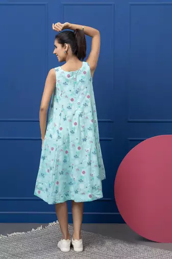 Smer women's cotton printed blue round neck sleeveless flare midi dress