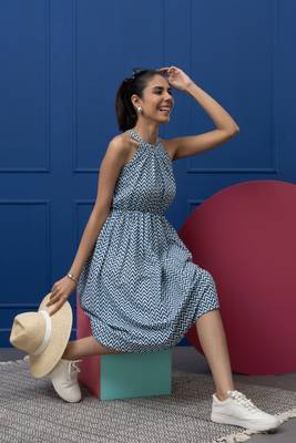 Smer women's geometric printed cotton blue sleeves flare midi dress 1