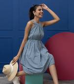 Smer women's geometric printed cotton blue sleeves flare midi dress