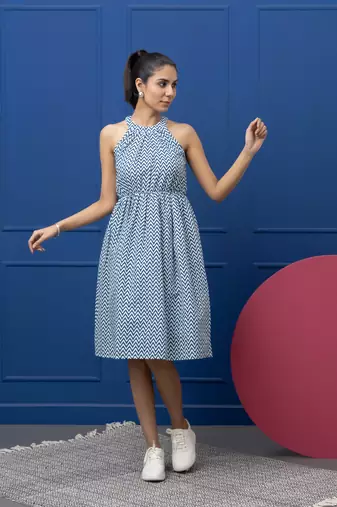 Smer women's geometric printed cotton blue sleeves flare midi dress