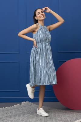 Smer women's geometric printed cotton blue sleeves flare midi dress 3