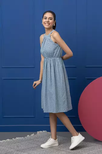Smer women's geometric printed cotton blue sleeves flare midi dress