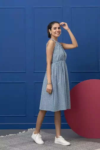 Smer women's geometric printed cotton blue sleeves flare midi dress