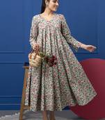 Smer women's cotton printed v-neck 3/4th sleeves flare midi dress