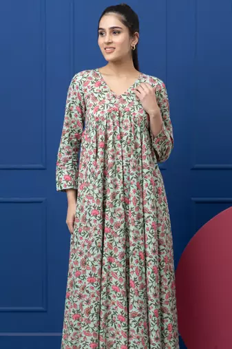 Smer women's cotton printed v-neck 3/4th sleeves flare midi dress