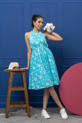Smer blue cotton printed sleeveless flare midi dress 1
