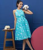 Smer blue cotton printed sleeveless flare midi dress