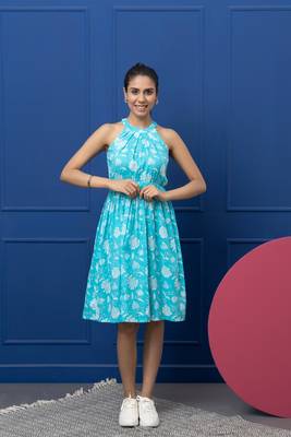Smer blue cotton printed sleeveless flare midi dress 2