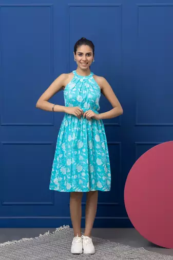 Smer blue cotton printed sleeveless flare midi dress