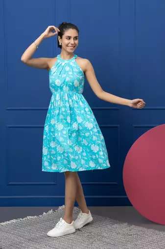 Smer blue cotton printed sleeveless flare midi dress