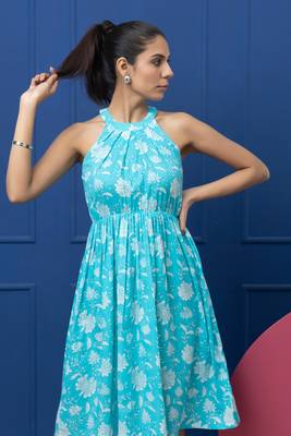 Smer blue cotton printed sleeveless flare midi dress 4