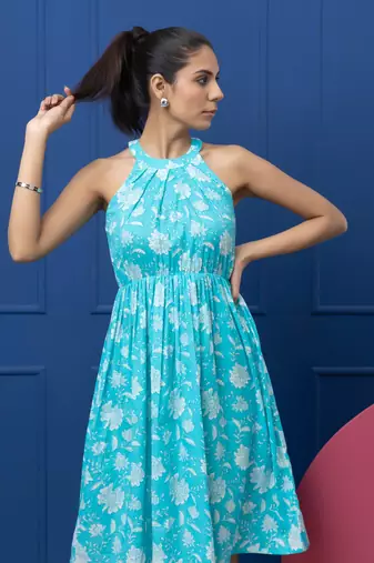 Smer blue cotton printed sleeveless flare midi dress