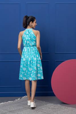 Smer blue cotton printed sleeveless flare midi dress 5