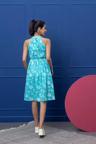 Smer blue cotton printed sleeveless flare midi dress