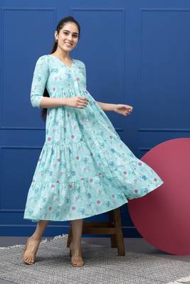 Smer women's cotton printed front open 3/4th sleeves v-neck flare midi dress 1