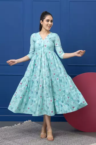 Smer women's cotton printed front open 3/4th sleeves v-neck flare midi dress