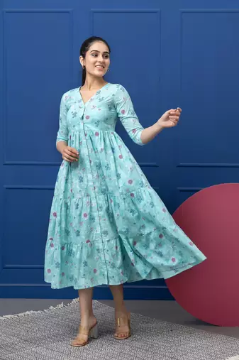 Smer women's cotton printed front open 3/4th sleeves v-neck flare midi dress