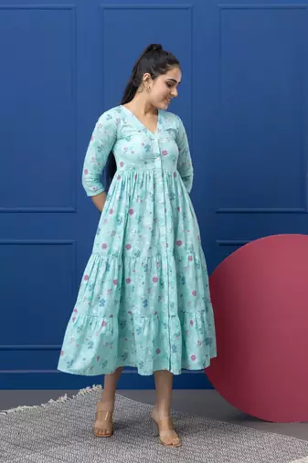 Smer women's cotton printed front open 3/4th sleeves v-neck flare midi dress