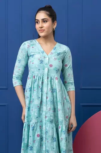 Smer women's cotton printed front open 3/4th sleeves v-neck flare midi dress