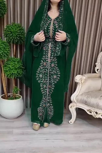 Dark Green Moroccan Kaftan With hijab