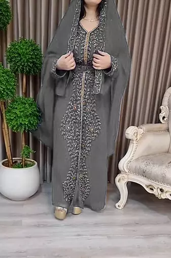 Grey Moroccan Kaftan With hijab