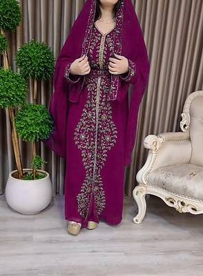 Wine Moroccan Kaftan With hijab 1