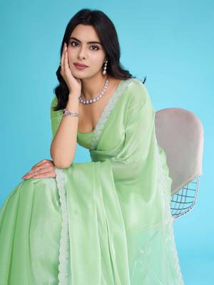 pista organza hand work saree with unstitched blouse piece 2