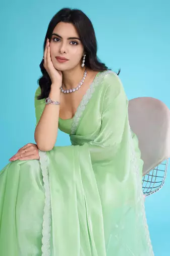 pista organza hand work saree with unstitched blouse piece