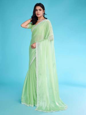 pista organza hand work saree with unstitched blouse piece 1