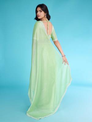 pista organza hand work saree with unstitched blouse piece 3
