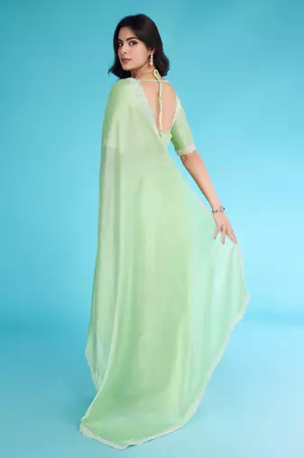 pista organza hand work saree with unstitched blouse piece
