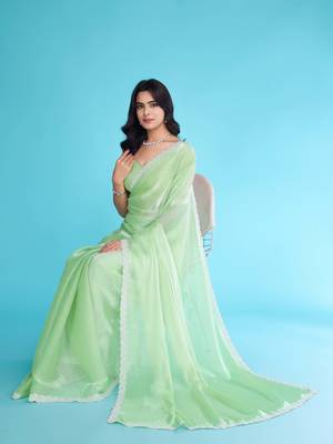 pista organza hand work saree with unstitched blouse piece 4
