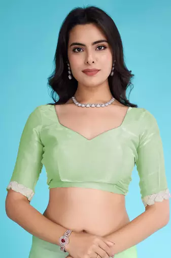 pista organza hand work saree with unstitched blouse piece