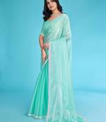 Turquoise Organza Hand Work Saree With Unstitched Blouse Piece