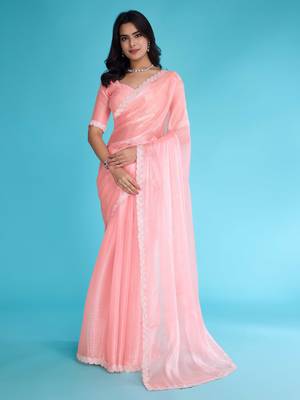 Kimisha peach organza hand work saree with unstitched blouse piece 1
