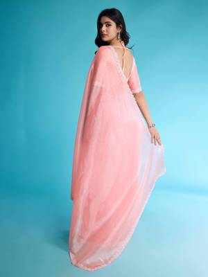 Kimisha peach organza hand work saree with unstitched blouse piece 2