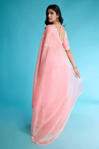 Kimisha peach organza hand work saree with unstitched blouse piece