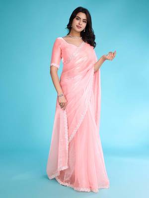 Kimisha peach organza hand work saree with unstitched blouse piece 3