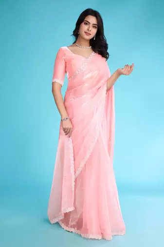 Kimisha peach organza hand work saree with unstitched blouse piece