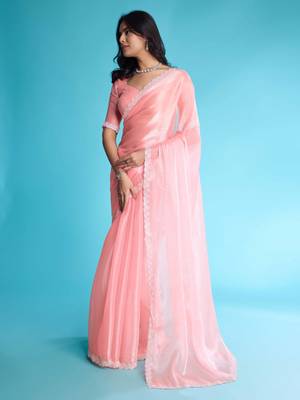 Kimisha peach organza hand work saree with unstitched blouse piece 4