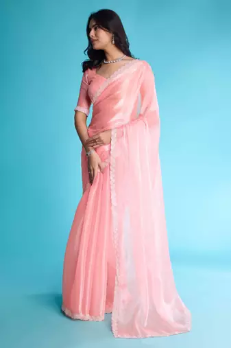 Kimisha peach organza hand work saree with unstitched blouse piece