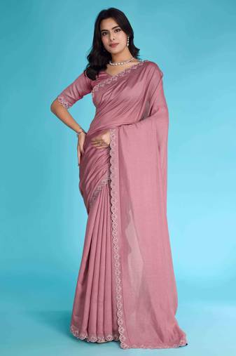 Dusty Pink Chiffon Beads& Stone Saree With Unstitched Blouse Piece