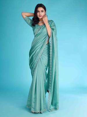 Turquoise Chiffon Beads& Stone Saree With Unstitched Blouse Piece 1