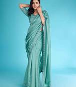 Turquoise Chiffon Beads& Stone Saree With Unstitched Blouse Piece