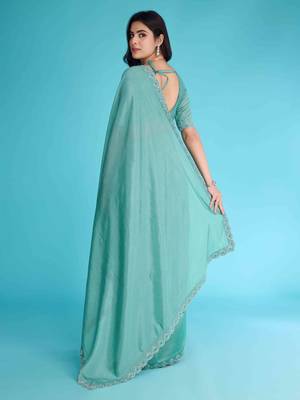 Turquoise Chiffon Beads& Stone Saree With Unstitched Blouse Piece 2