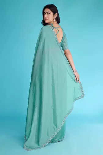 Turquoise Chiffon Beads& Stone Saree With Unstitched Blouse Piece