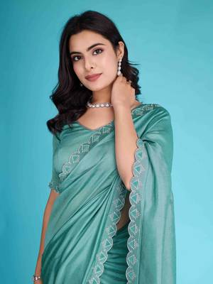 Turquoise Chiffon Beads& Stone Saree With Unstitched Blouse Piece 3